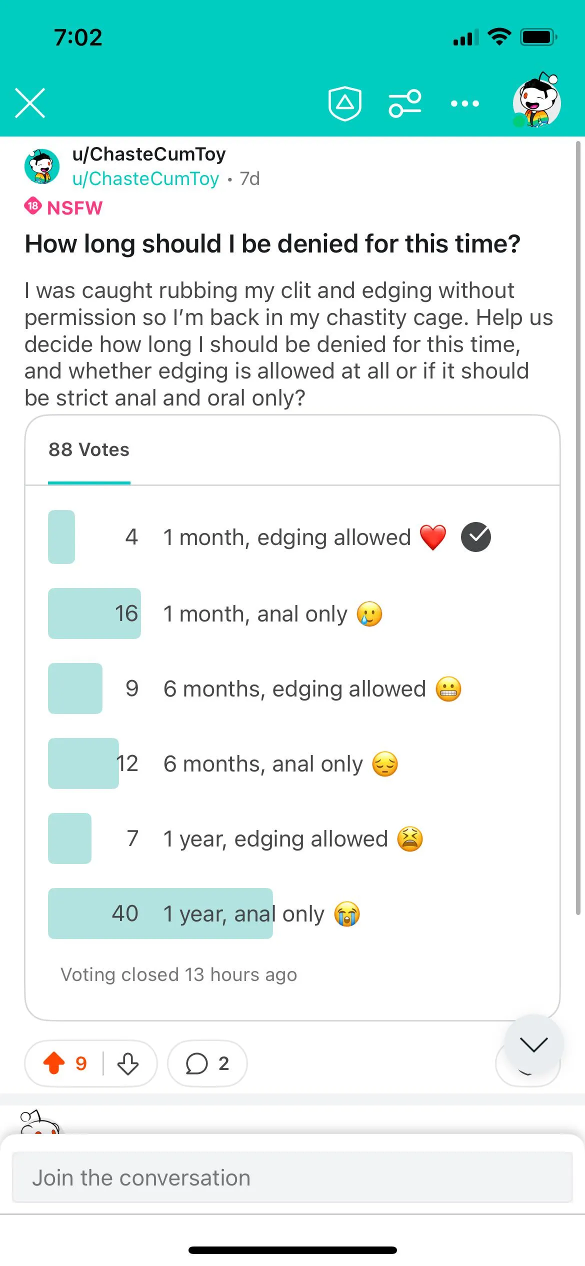 I made a poll for Reddit to decide my punishment for touching without permission
