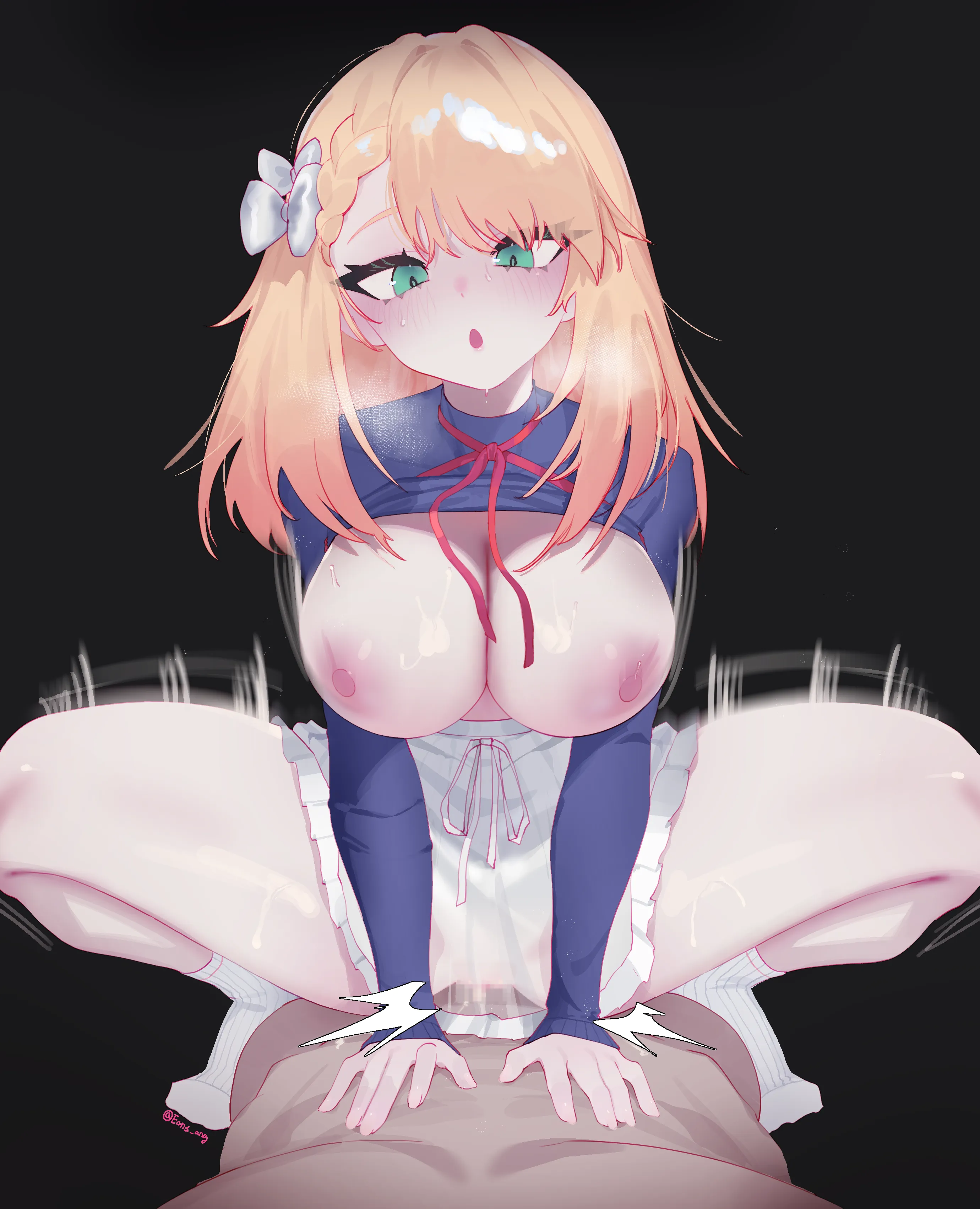 Riding on top with her boobs out