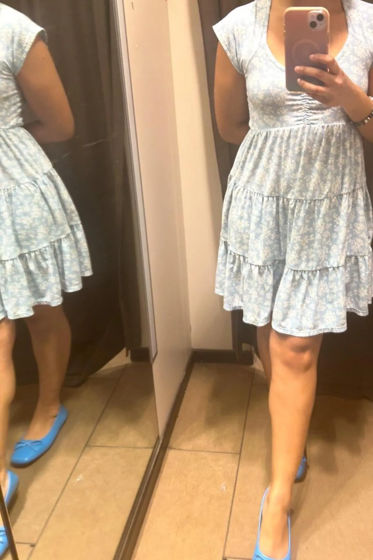 Baby blue flats in the changing room