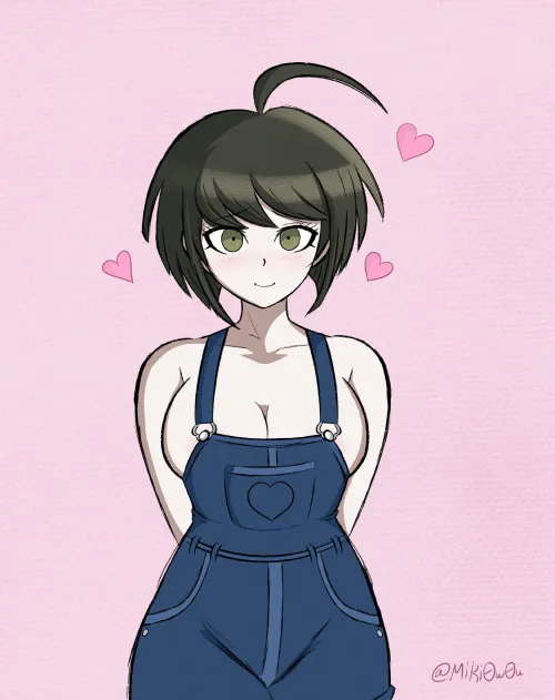 Komaru in overalls and nothing else