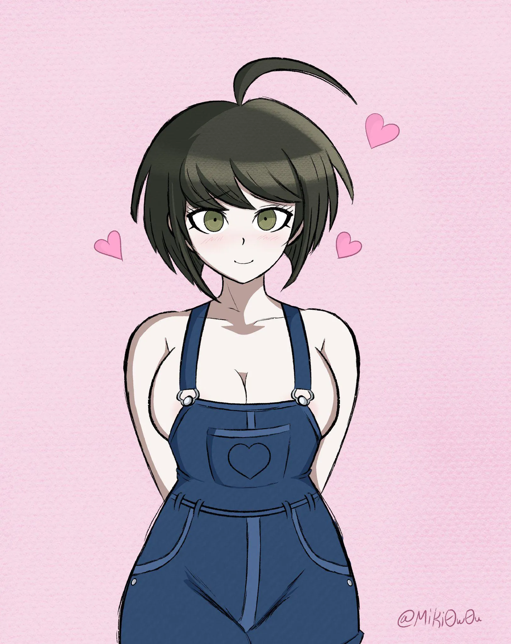 Komaru in overalls and nothing else
