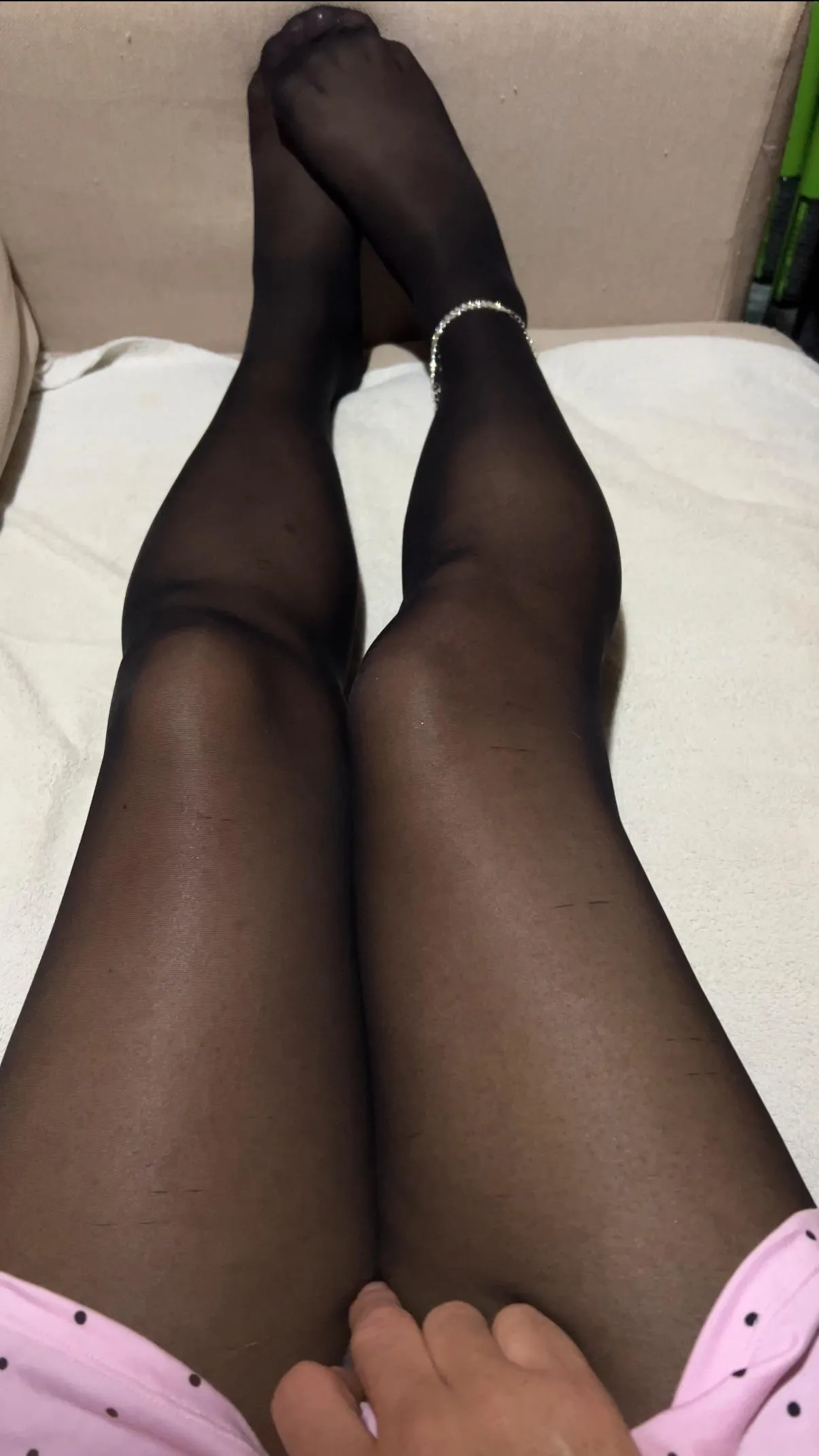 Lounging in silky pantyhose