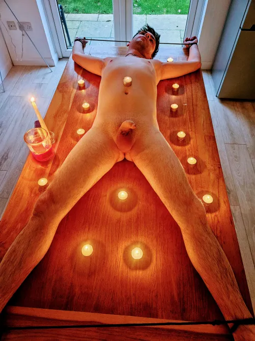 Found my self tied up to the table surrounded by candles. I wonder what Sir is going to do with all that wax?
