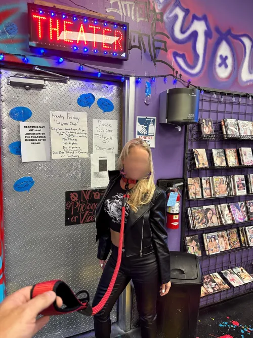 Leading my naughty Bunny into the theater on a leash before she went in and got completely naked for the patrons