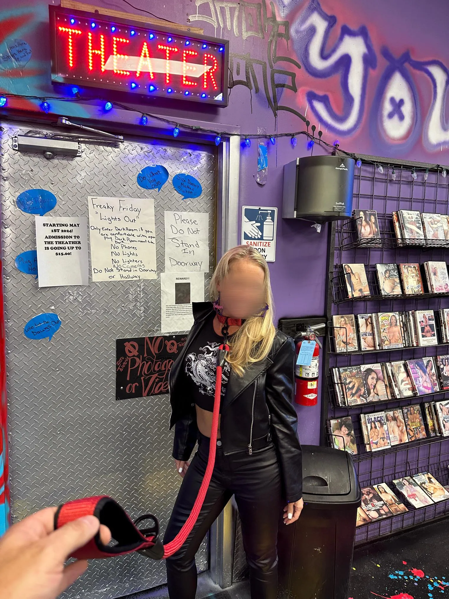 Leading my naughty Bunny into the theater on a leash before she went in and got completely naked for the patrons