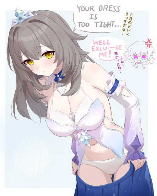 Trying on March's dress