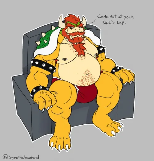 ‪A very hairy chubby Bowser sitting on a throne, in his underwear saying 