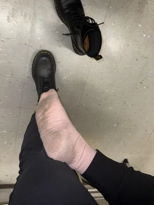 My Valentine’s Day socks[f] took my shoes off during my 10hr shift. Socks look interesting 🤭