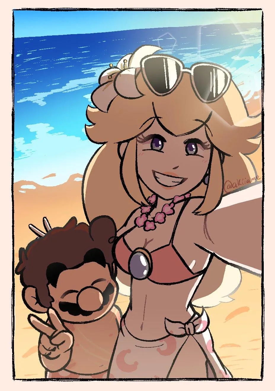 Mario and Peach at the beach (akiiame)