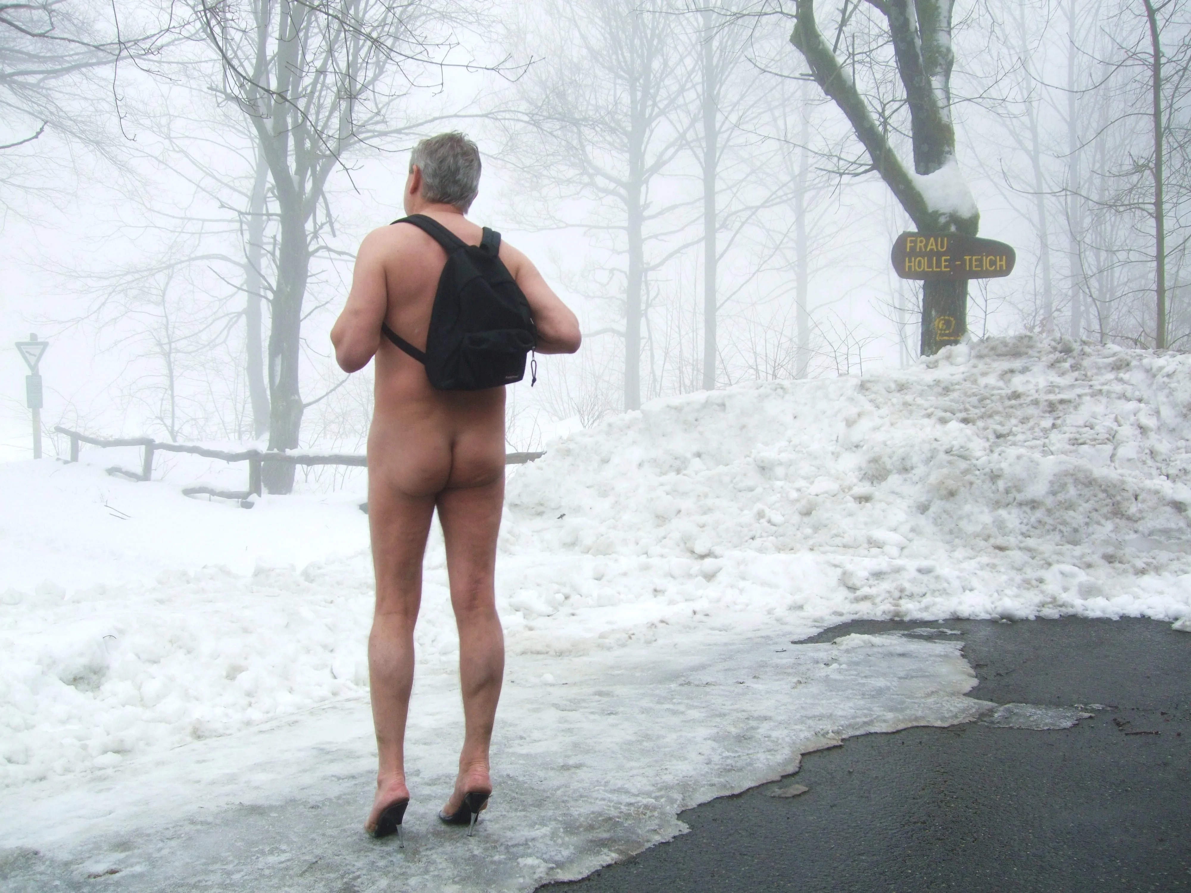 Naked hiking in winter is fun