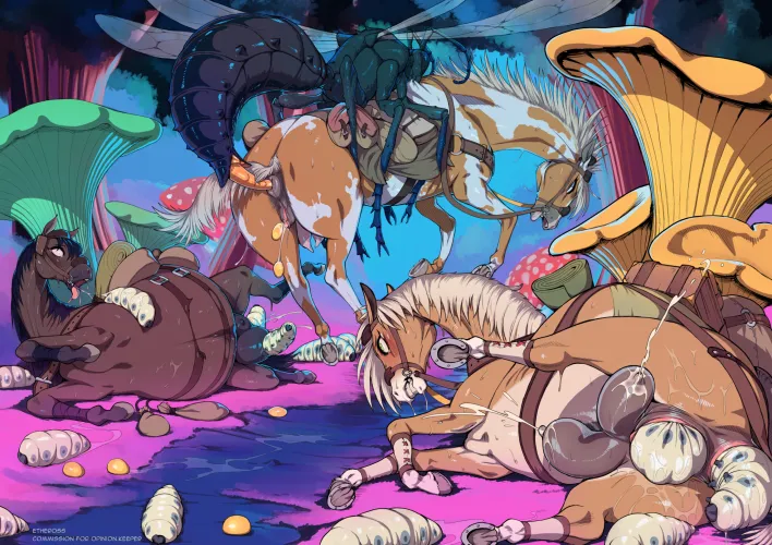 [AFFF] 3 mares captured by parasitic jungle wasps; become broodmares for bearing eggs and grubs. (Art by etheross)