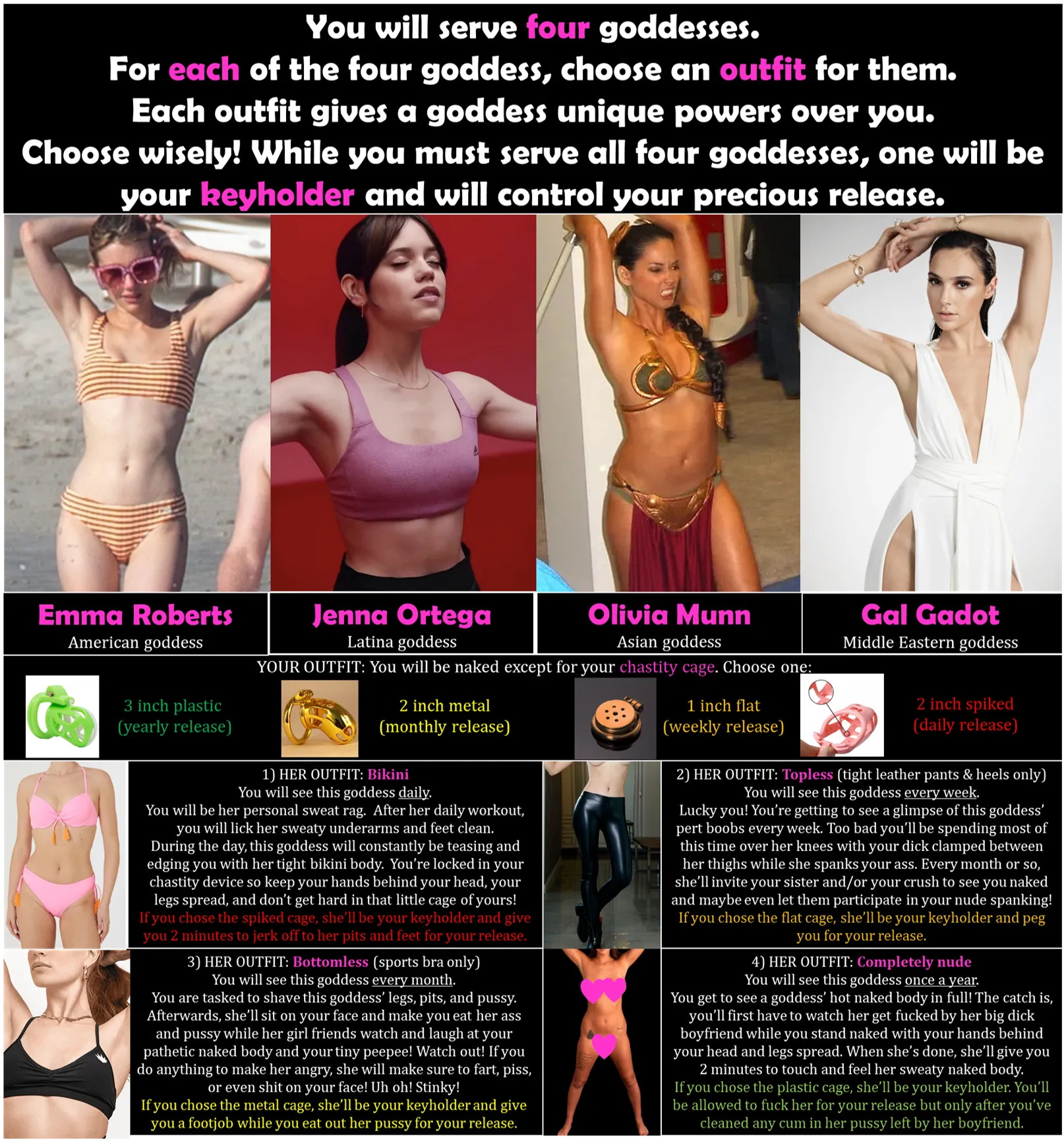 Pick an Outfit for each Goddess! (Jenna Ortega, Gal Gadot, Emma Roberts, Olivia Munn) (Not on Imagefap)