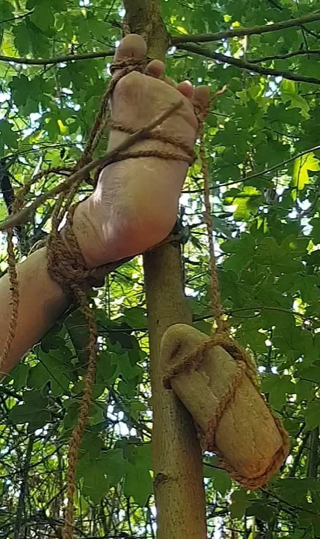 with a stone on the little toe to spread it and hit the sole of the foot ...