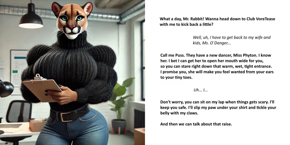 Going Out After Work [AI generated] [Puma lady] [Implied vore] [office seduction] [turtleneck sweater] [fit and muscular]