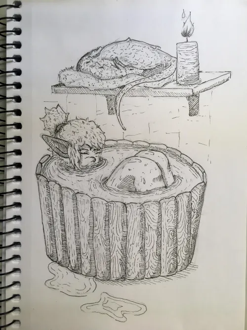 Hello friends, today's drawing, the goblin in the bathtub.