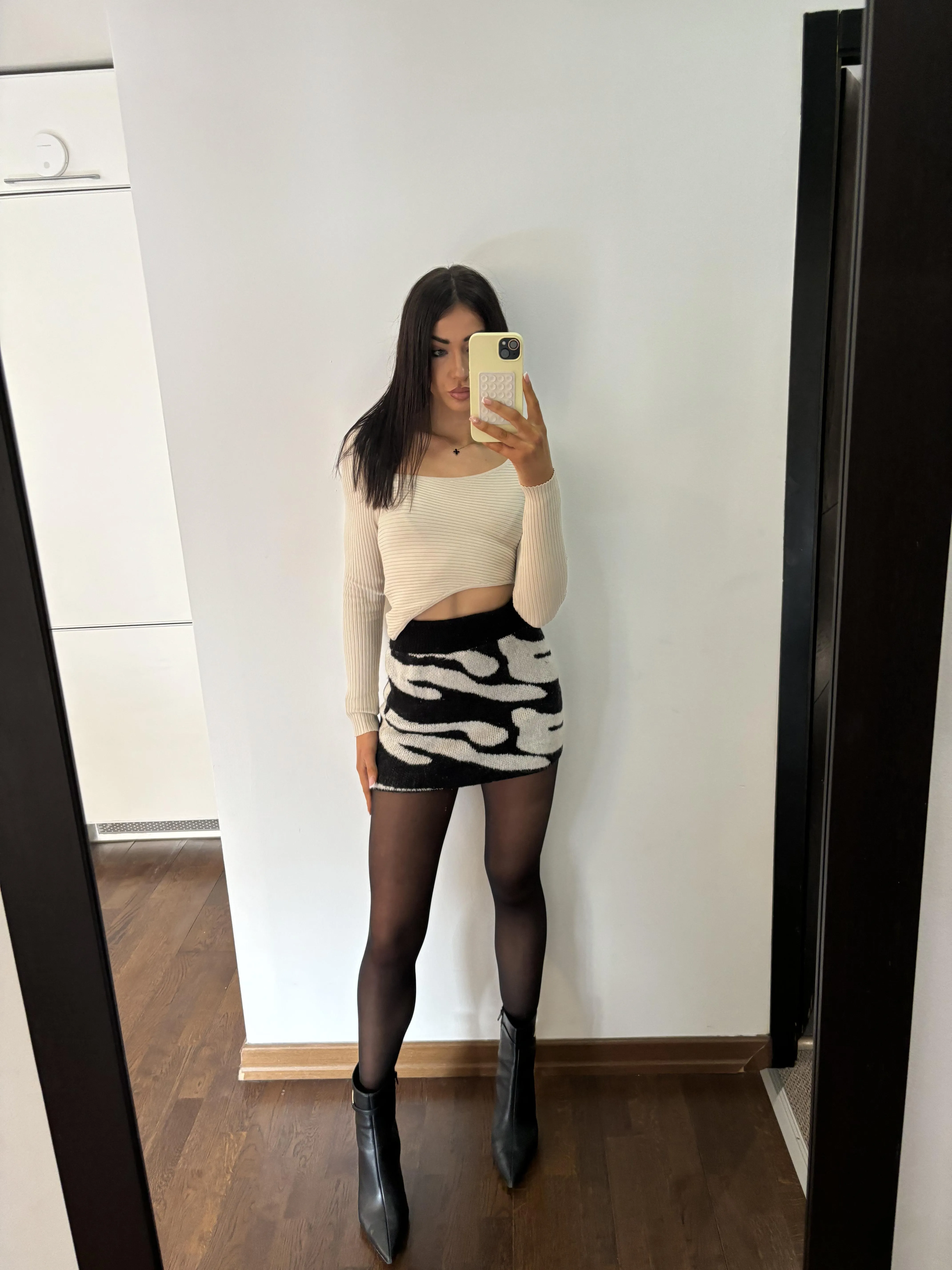 Stockings and a short skirt make even plump legs look slimmer