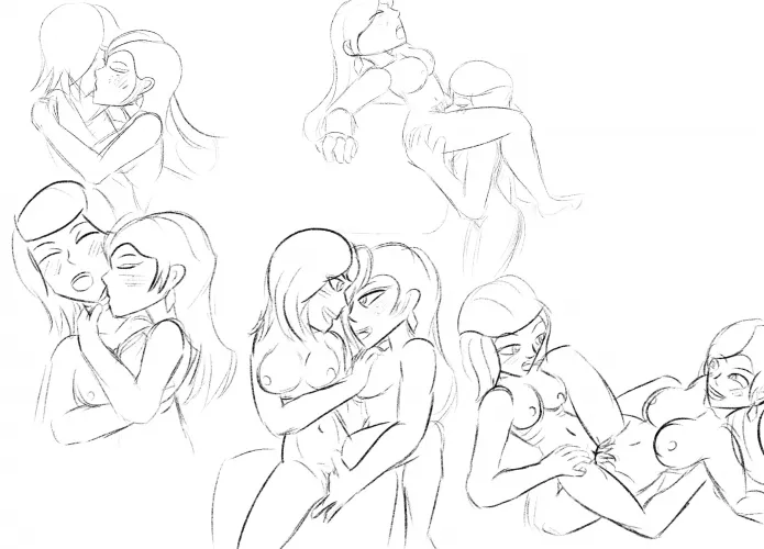 Emma the gill girl and Mira the redhead goin' at it sketches [OC]