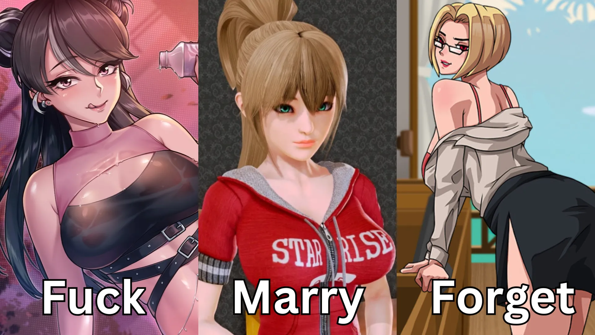 Let’s play Fuck, Marry, Forget! I’ll go first:

Fuck Anne (Innocent Grape) – Wild, hot, perfect for a one-time thrill.
Marry Emma (Harem Hotel) – Loyal, sweet, ultimate wife material.
Forget Karen (Paradise Lust) – Weird vibes, wouldn’t t
