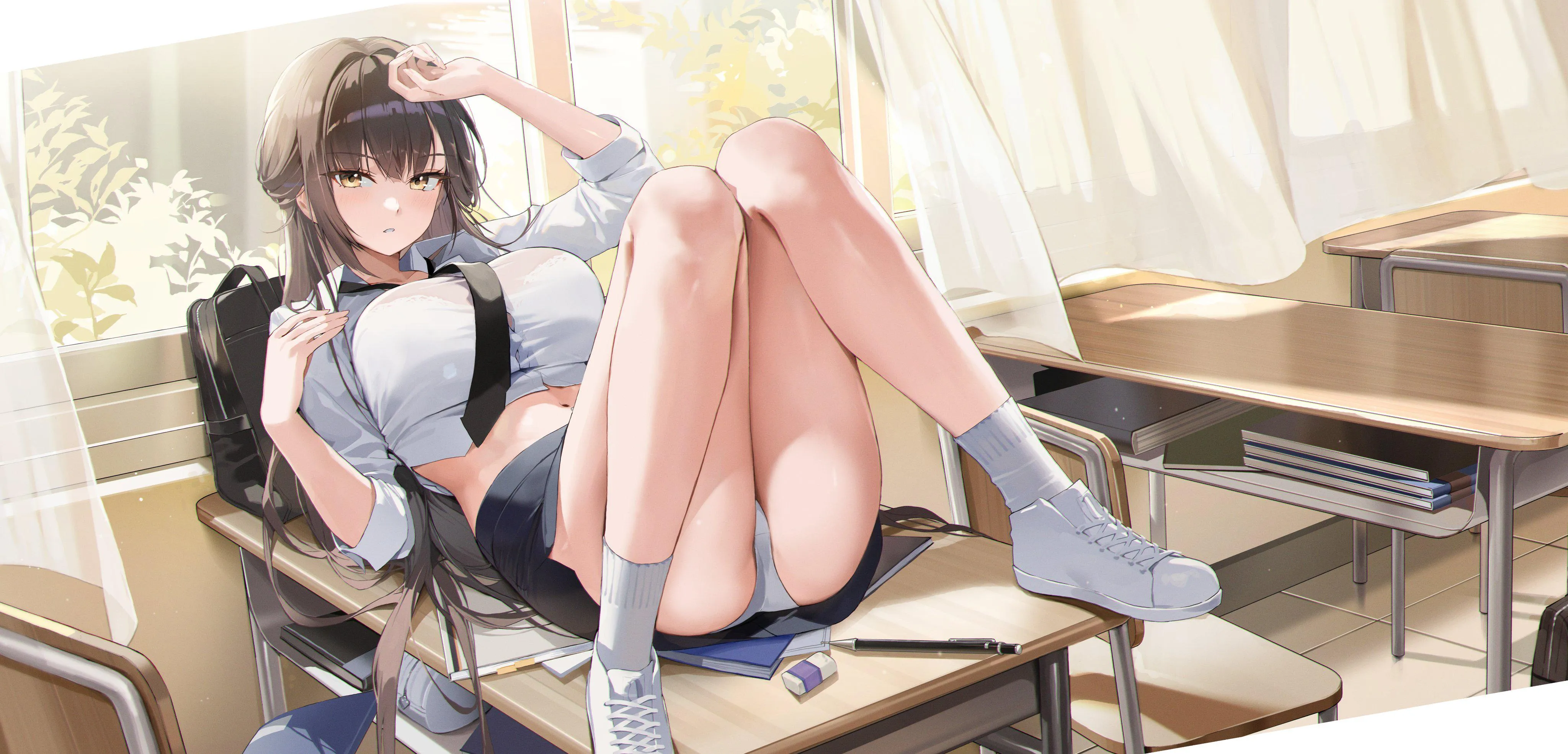 Marciana laying atop her desk [NIKKE]