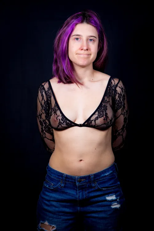 Wife in see thru black lingerie top and denim shorts