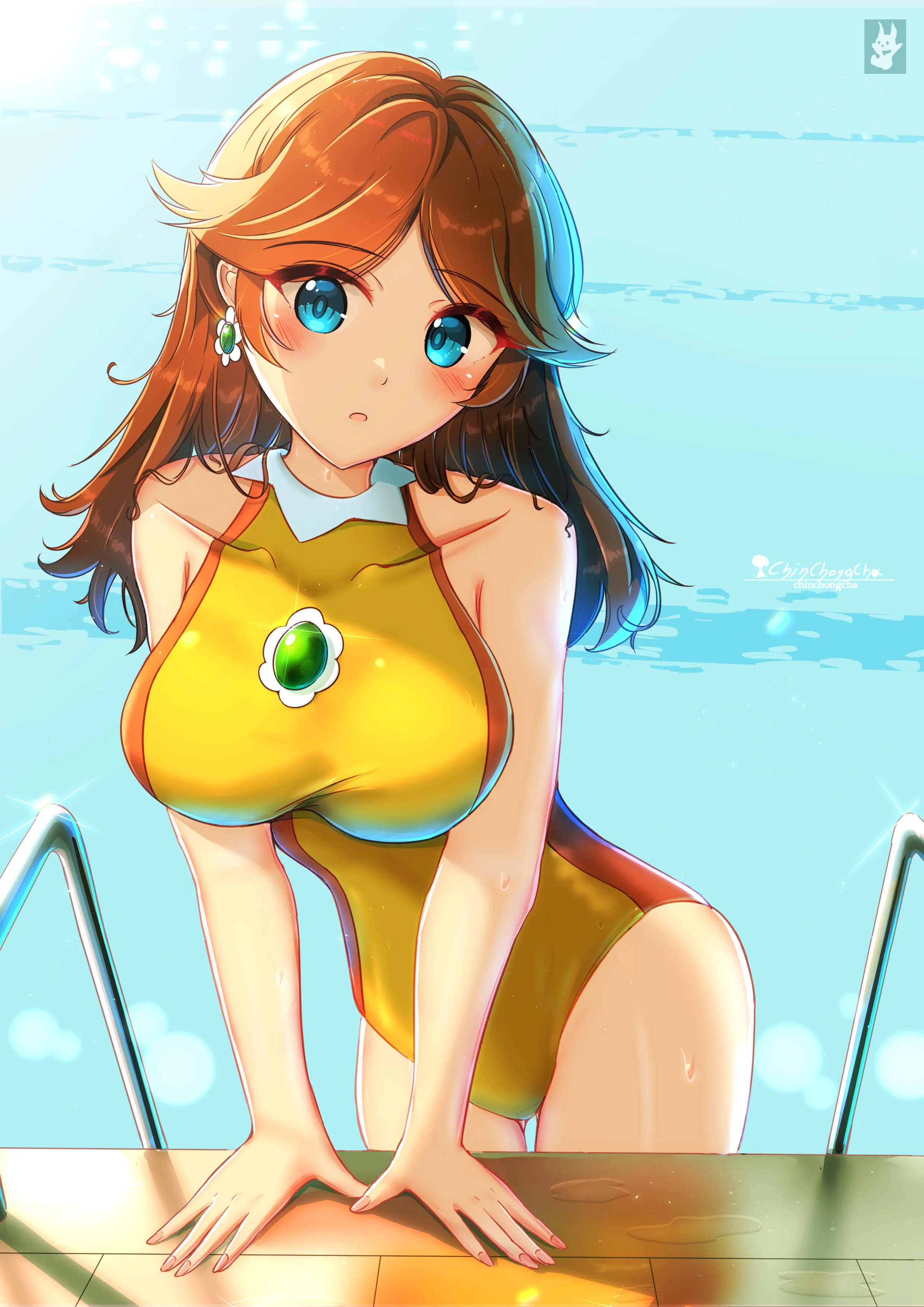 Daisy getting out of the pool [Super Mario Bros]