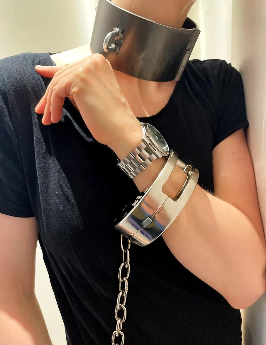I love my new heavy collar and long-chain Clejuso 15 cuffs! Beginning to have trouble finding room for all my metal selfbondage gear...