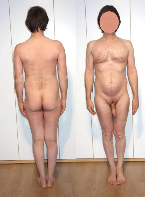 back and front view of standing male nude