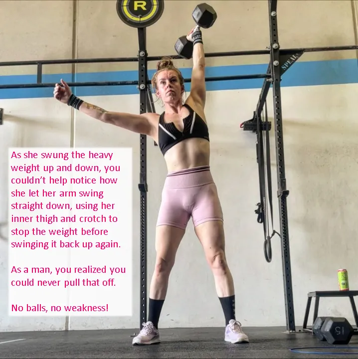 Slamming the Weight on Her Inner Thigh and Crotch During her Set