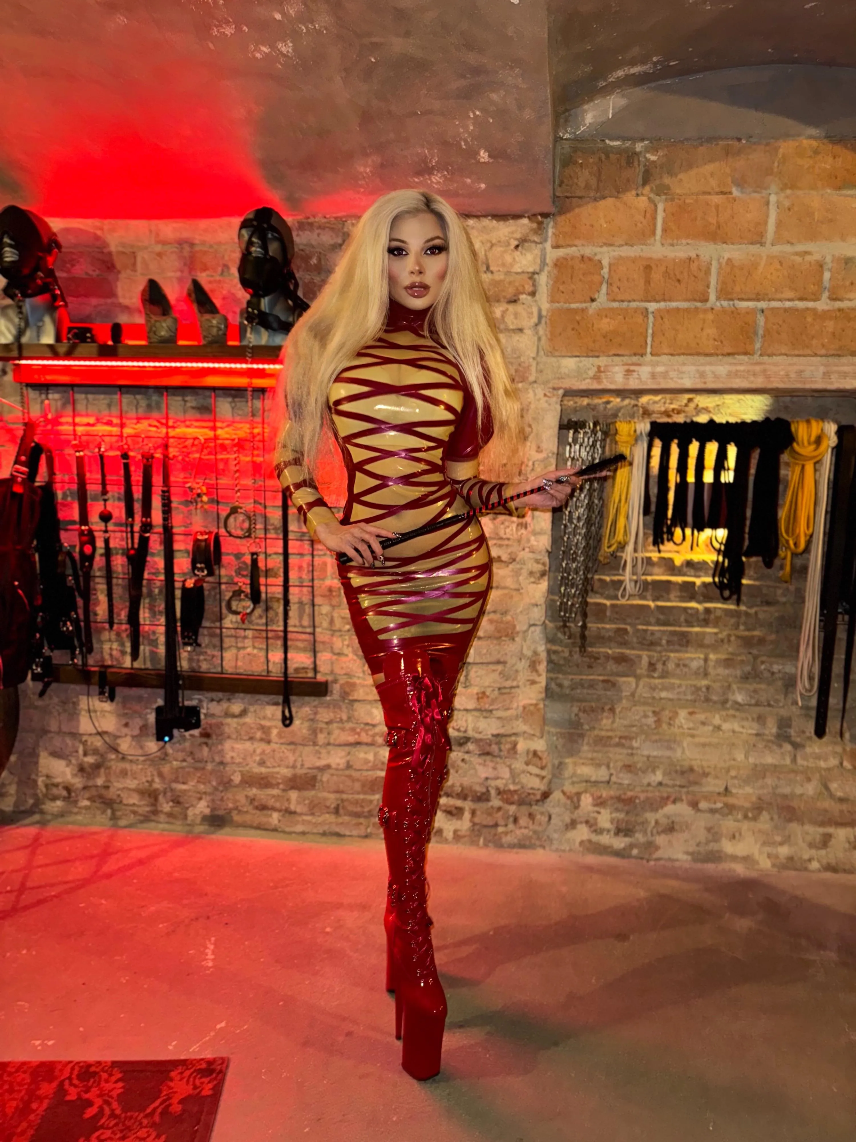 Red latex dress & boots welcome home