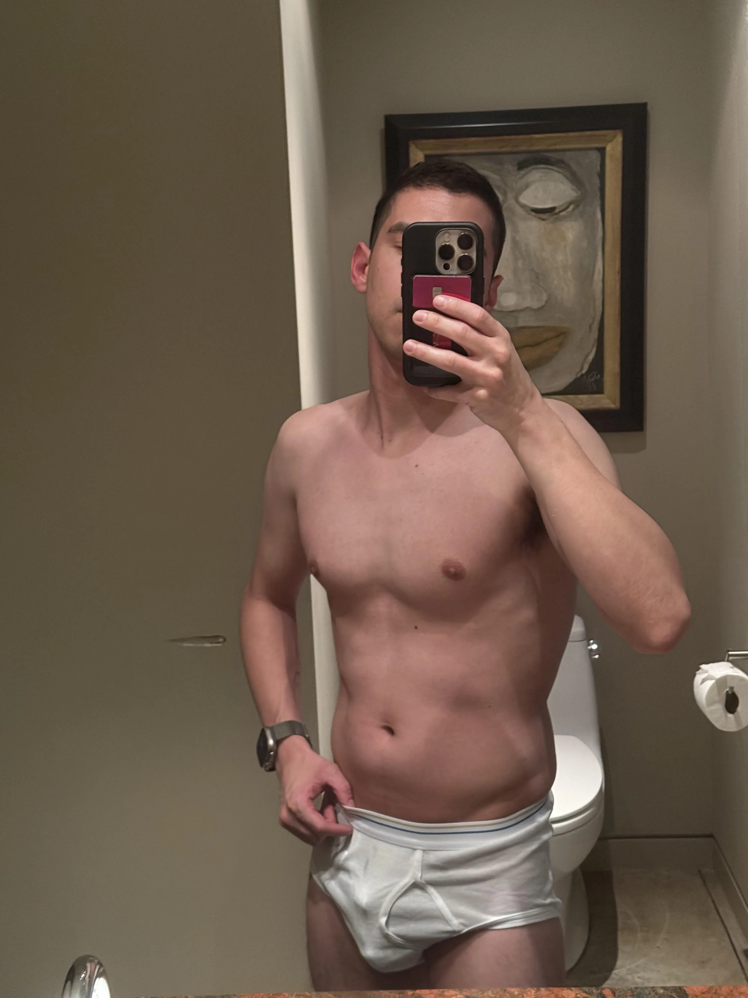 My buddy conviced me to try a cage on my dick in exchange for some mid-rise staffords. Really nice pair!