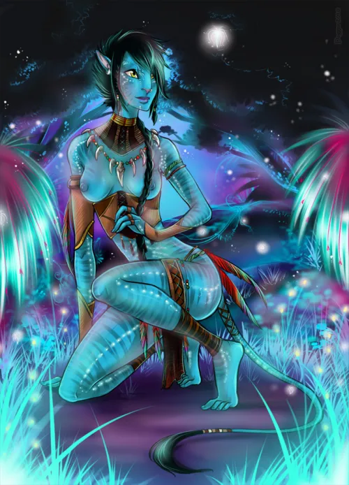 Na'vi showing her tits in a bioluminescent forest (Majime)