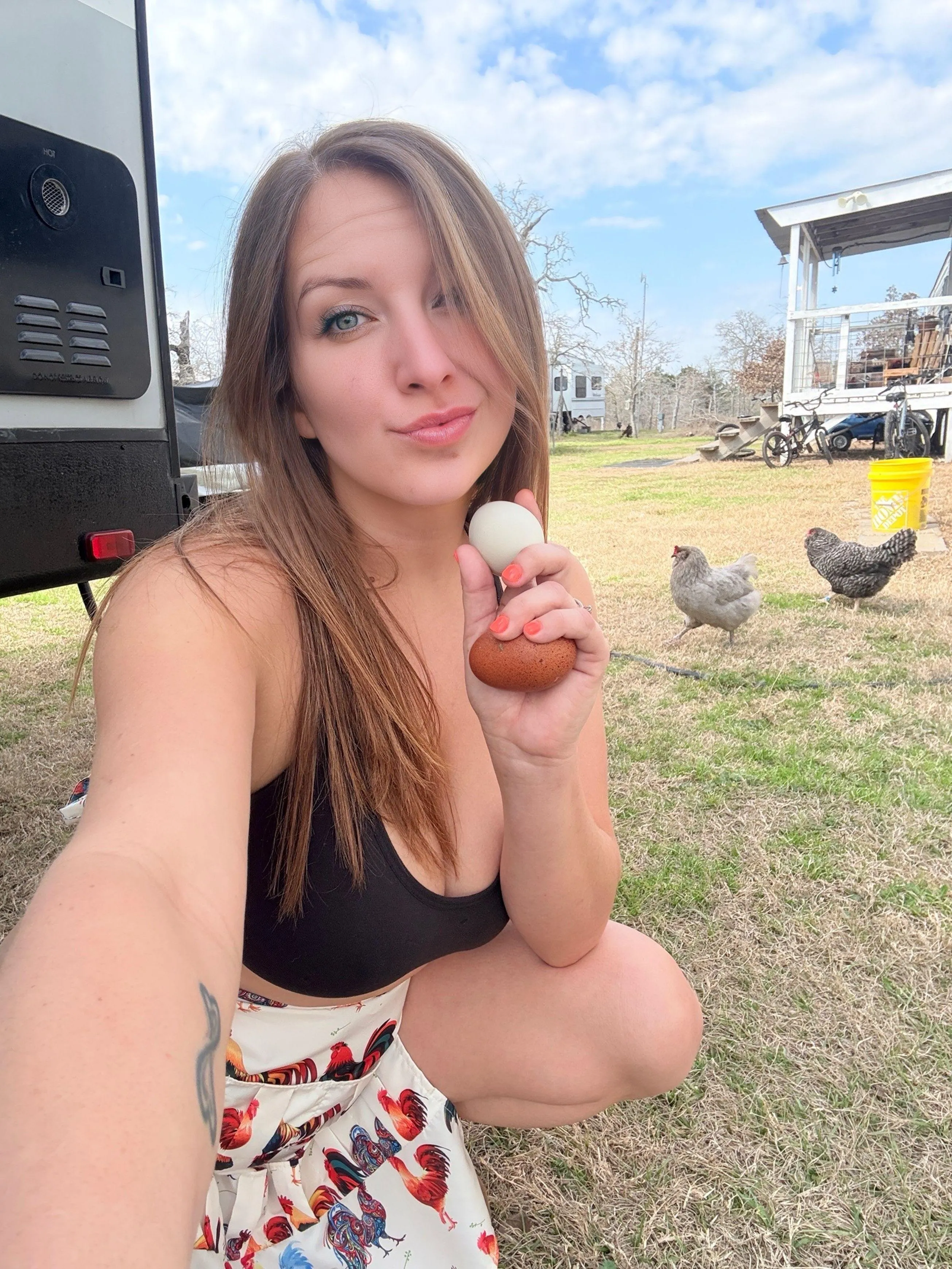 My chickens peeping when I wear just an apron for bottoms