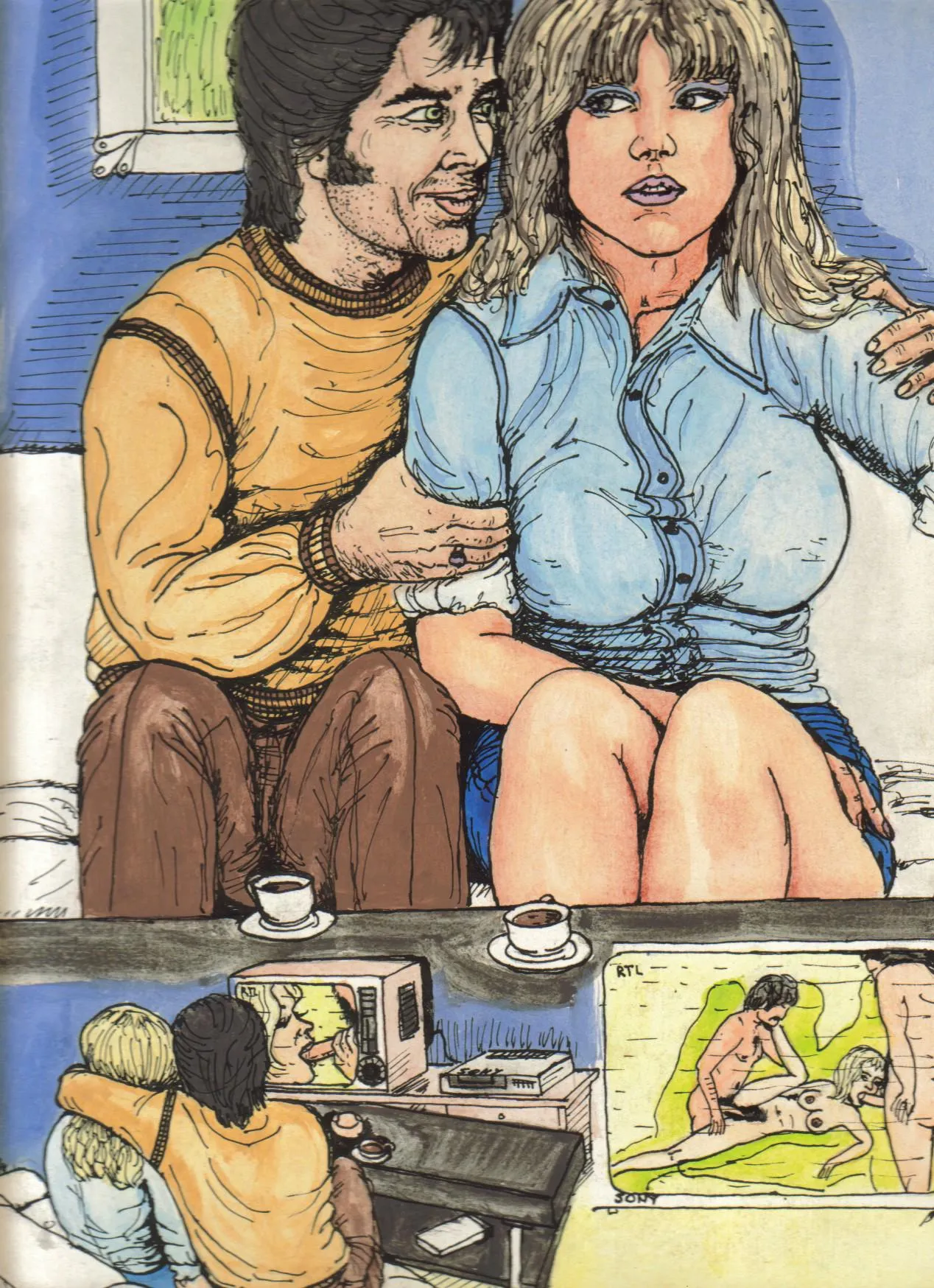 watching adult videos and grabbing the girlfriend by me