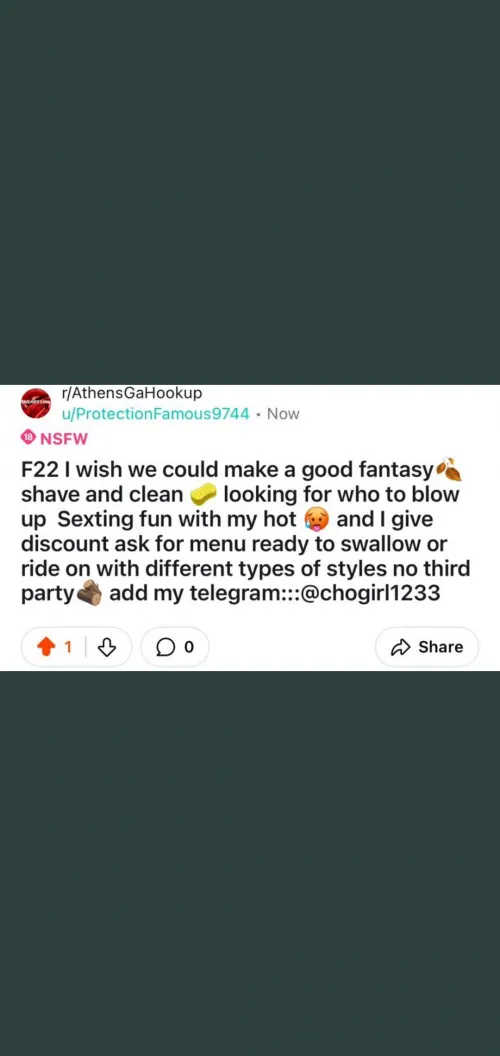 23 (F4m) I'm swallow loads 👅 hookup,I will fuck you, drink your Spam 😋 you can cum in my mouth 👄also FaceTime and sext till you cum 🍌 hit me up telegram::::: @chogirl1233