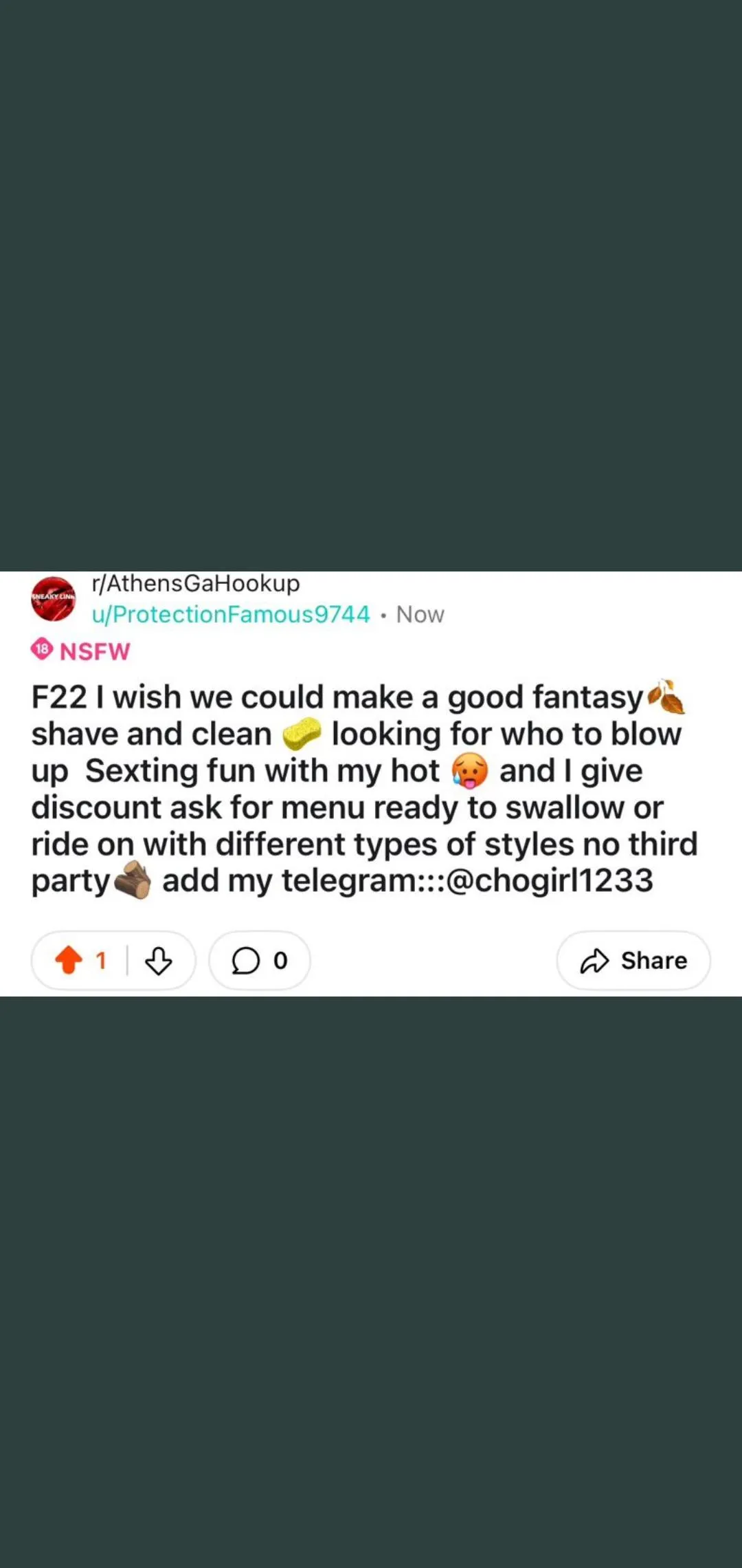 23 (F4m) I'm swallow loads 👅 hookup,I will fuck you, drink your Spam 😋 you can cum in my mouth 👄also FaceTime and sext till you cum 🍌 hit me up telegram::::: @chogirl1233