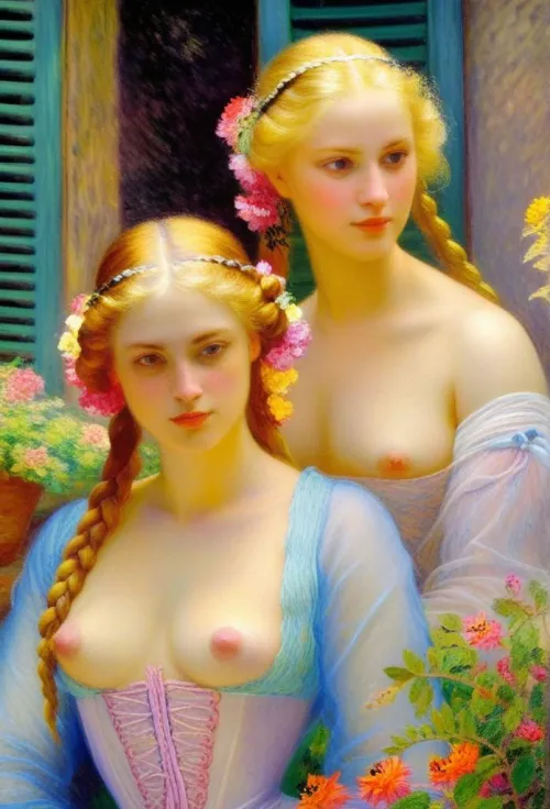 (Competition) Impressionist painting of two ladies in a flowery courtyard