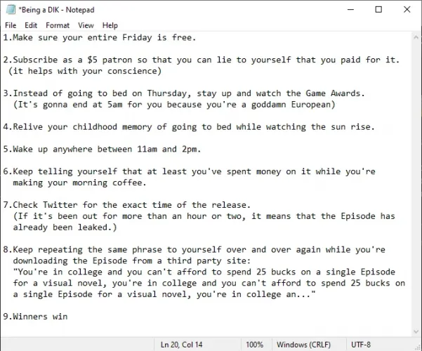My foolproof to-do list from two years ago that i posted here just before Episode 10 was about to be released, not much has changed except that the The Game Awards are in December and so i will have nothing to keep me awake this time, but i thought i'd 