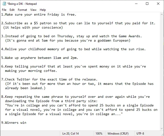 My foolproof to-do list from two years ago that i posted here just before Episode 10 was about to be released, not much has changed except that the The Game Awards are in December and so i will have nothing to keep me awake this time, but i thought i'd 