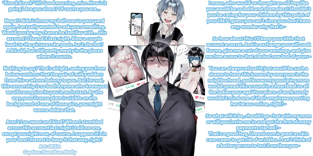 Stacked Neighbor's Secret Account [Blackmail][Free Use][Degradation][Older Female][Teasing][Maledom][Artist: 0R3Ix]