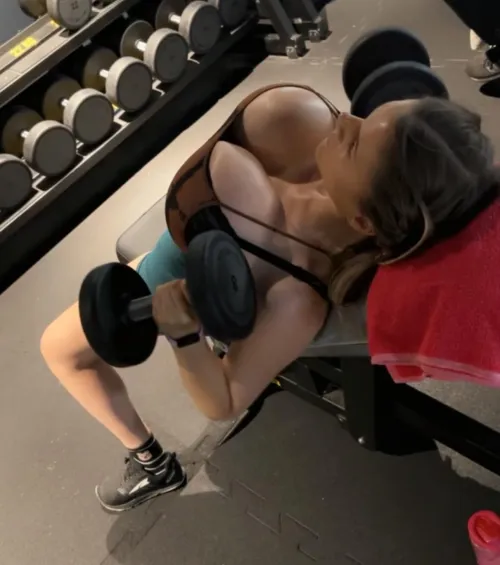 I love showing these oversized tits off at the gym. Can you even imagine actually seeing me in person next to you lifting? [oc]