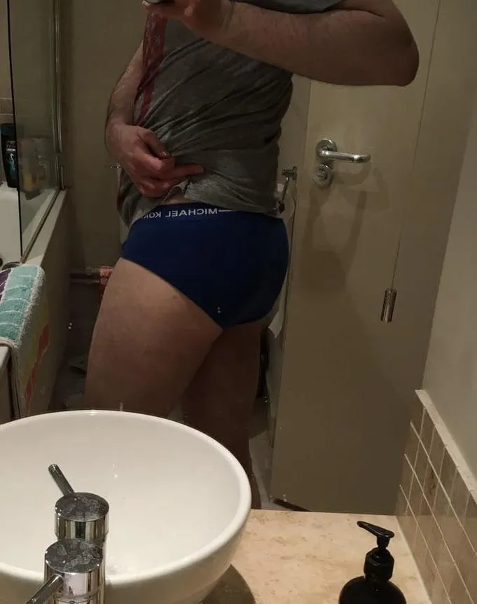 Late home from work. Hate those days when I get home and it’s straight to bed. Changing into my pjs, so these MK briefs have to come off. I prefer not to wear underwear when sleeping.