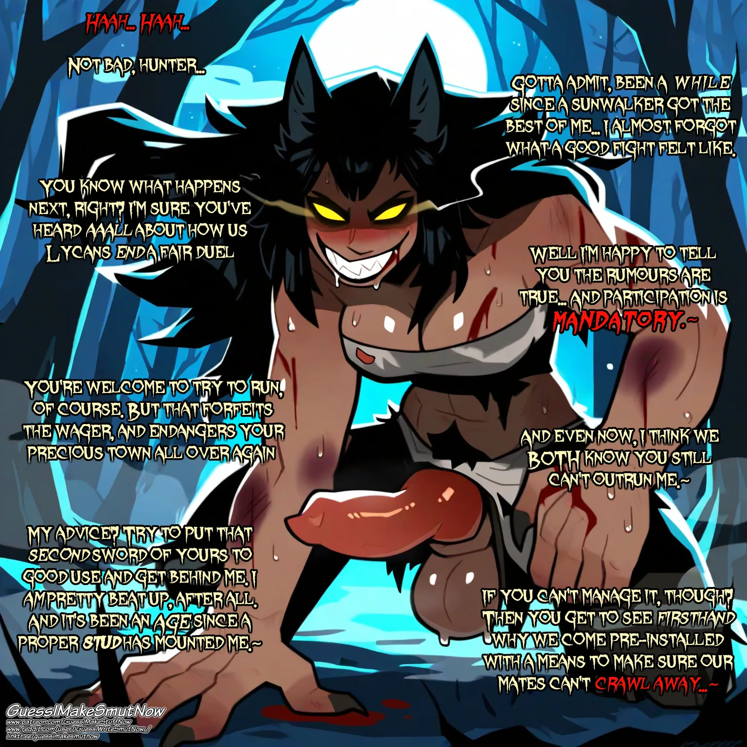A Brave Beast Hunter Manages to Best a She-Werewolf in Battle; Now He Has a Choice: Claim His Prize... Or Have His Prize Claim HIM~ [Male POV] [Imminent Futa on Male/Male on Futa] [Werewolf] [Mild Blood] [Implied Knotting] [Dominant Switch] [Horror] [AI]