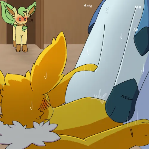 Leafeon walking in on some heated eevee making cowgirl position action between jolteon and glaceon [M/F] (leafy green)