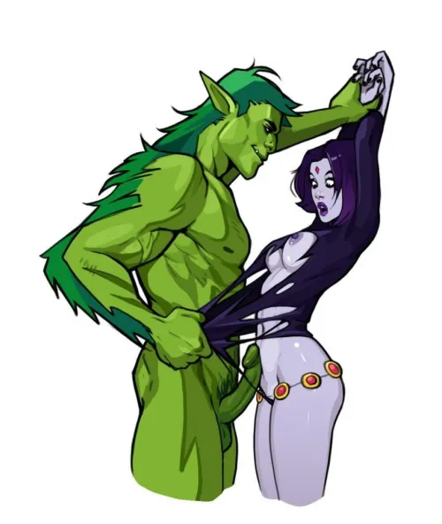 [Minko] (D.C. Teen Titans) Beastboy about to make Raven feel his beast. All characters are adults