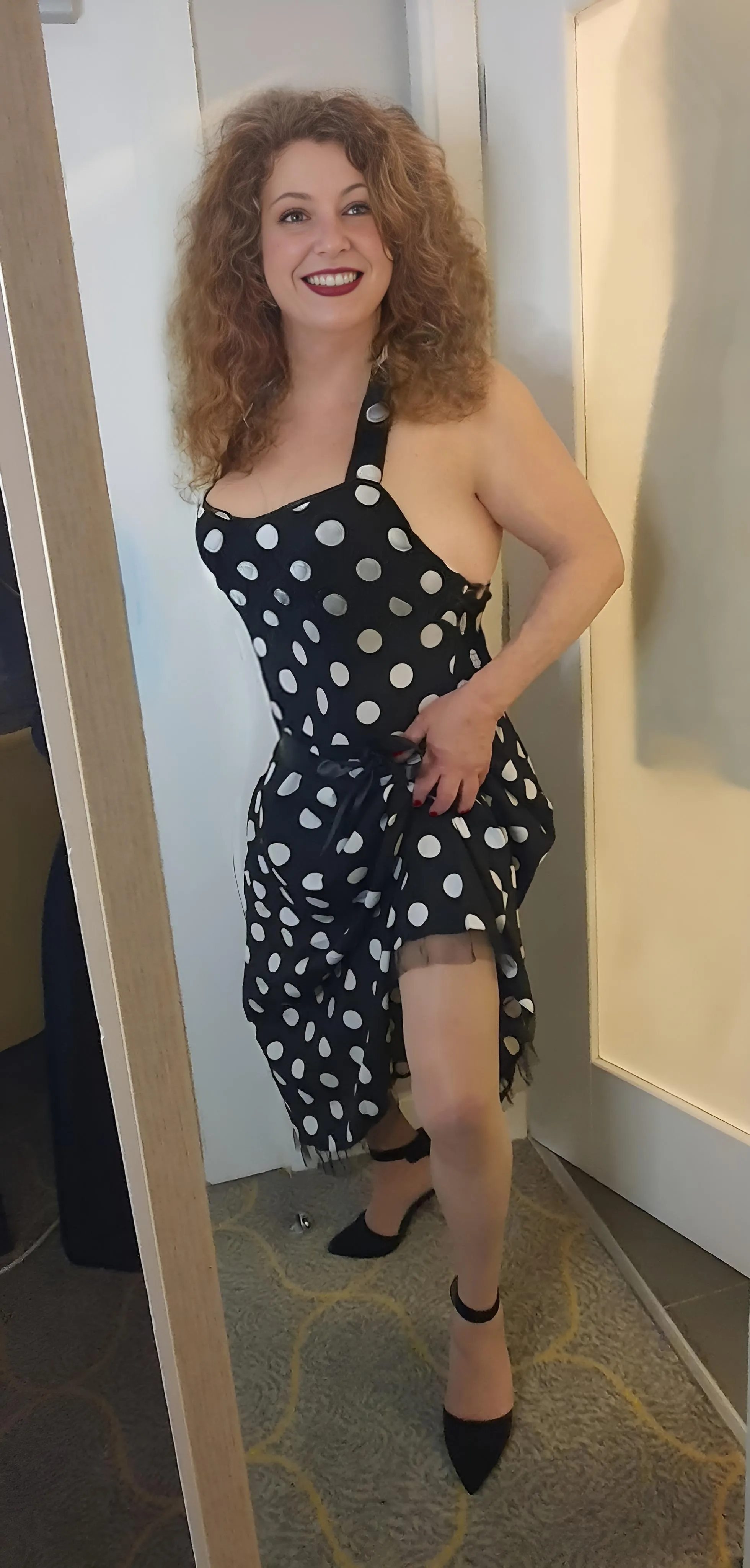 Polka dot black with heels & stockings