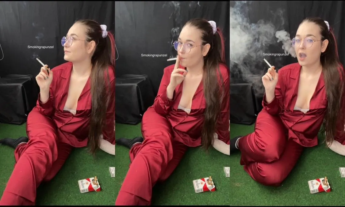 Smoking in my satin pyjamas with my bra showing. Wearing glasses❤️ Full vid on my OF feed (no ppv) (-50%, 5$)
