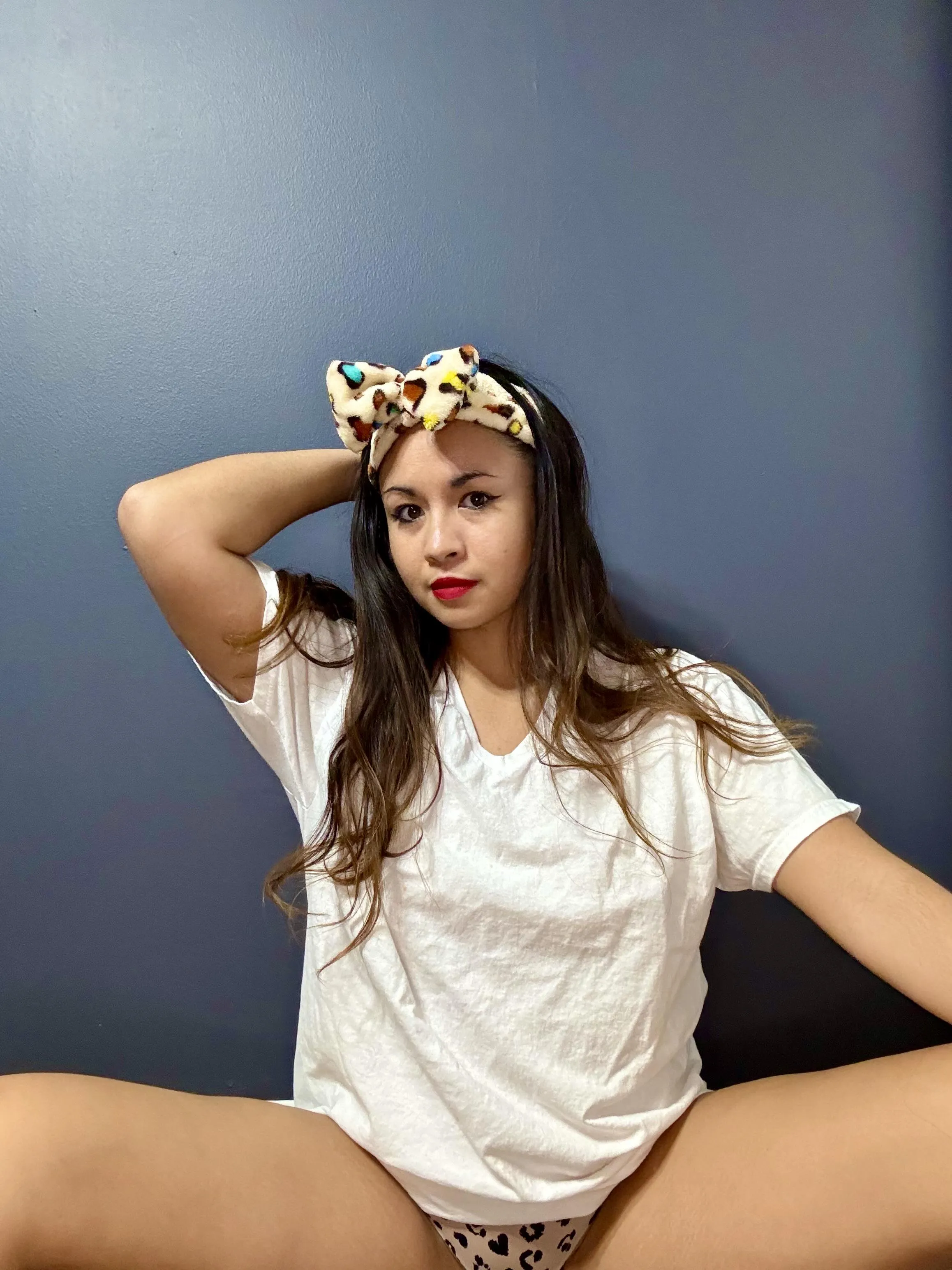 Wearing leopard print up top and underneath.