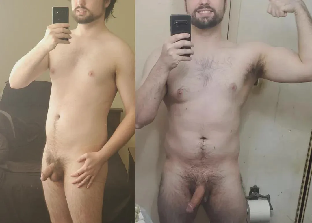 [23 M] Year and a half of working out, can you tell by my progress? First pic is probably my most embarrassing photo for many reasons