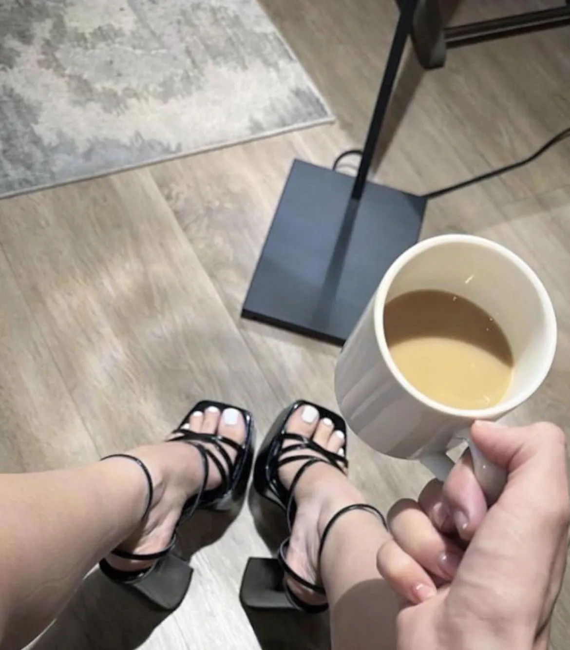 Morning coffee tastes better when my feet are dressed to tease.
