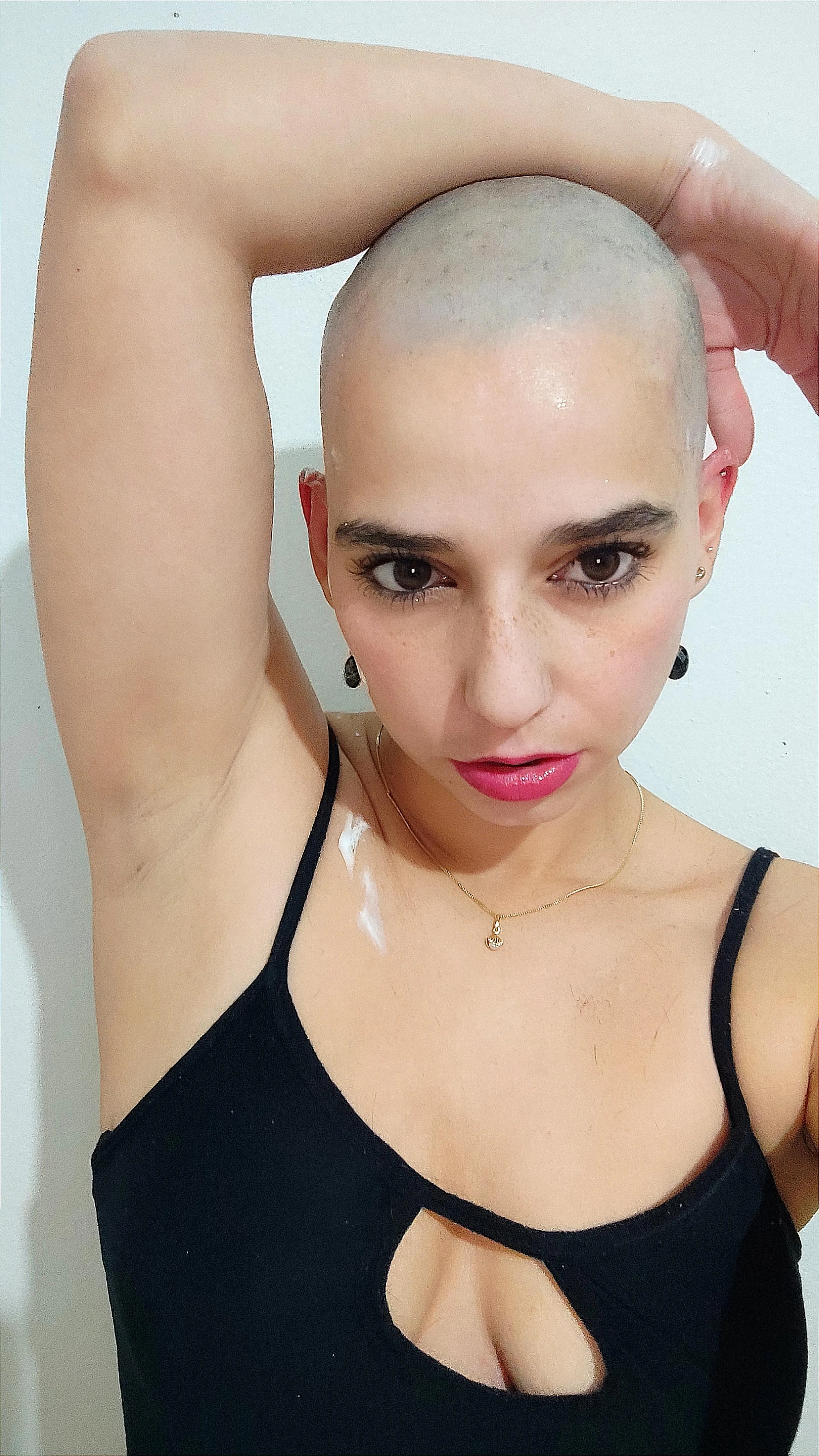 Shaved head, remains of foam